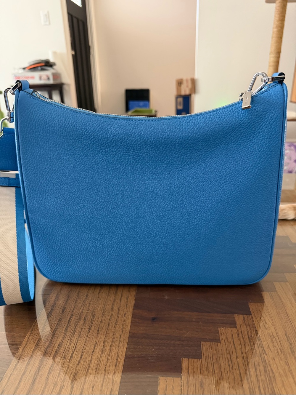 kate spade Bright Blue Pebbled Leather Shoulder Bag with Stripe Strap - Picture 5 of 8